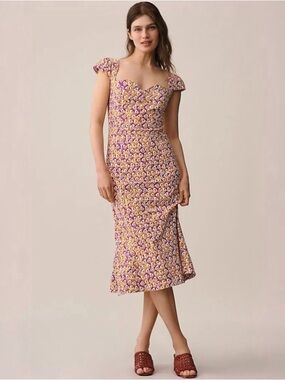 Anthropologie Maeve Cecily Purple Floral Sweetheart Midi Dress Medium Romantic